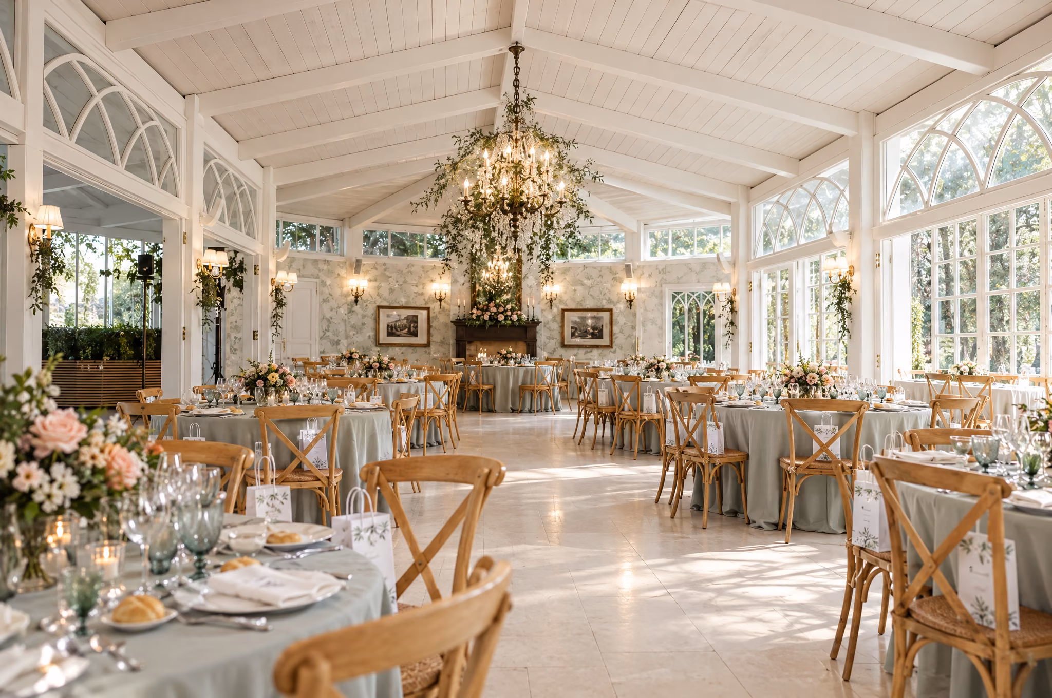 Salón del Castiello de Selorio con mesas preparadas para un banquete