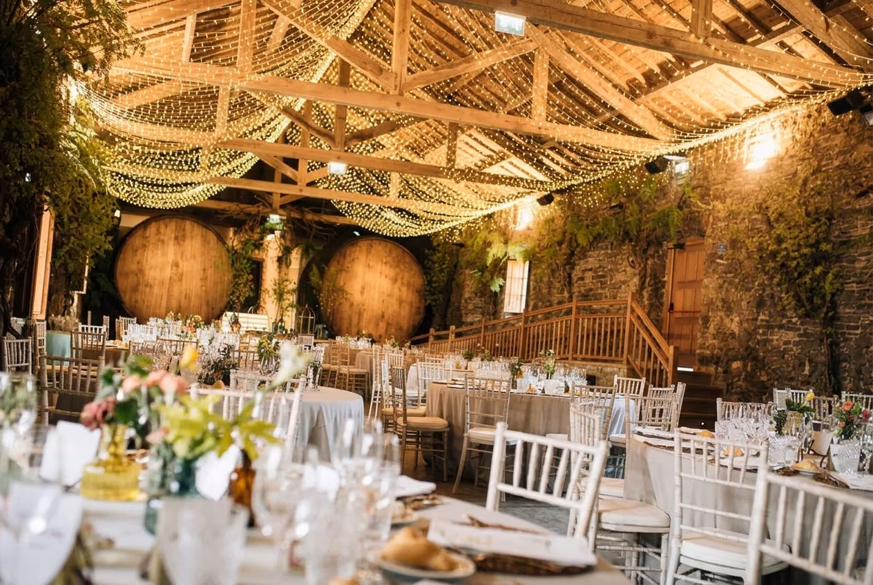 Salón de la Finca Villa María con vigas de madera, luces y barricas